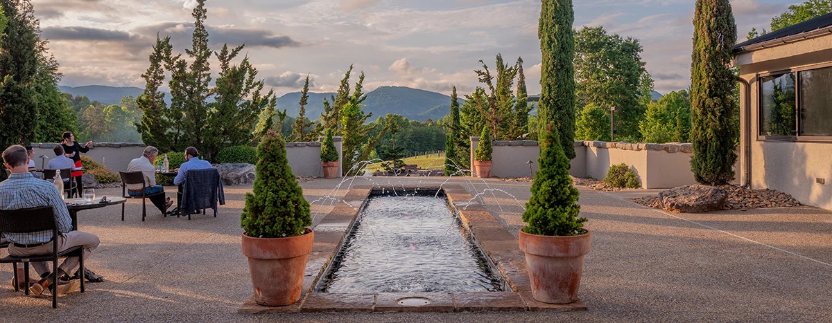 Views of the Blue Ridge Mountains from the courtyard of Hotel Domestique