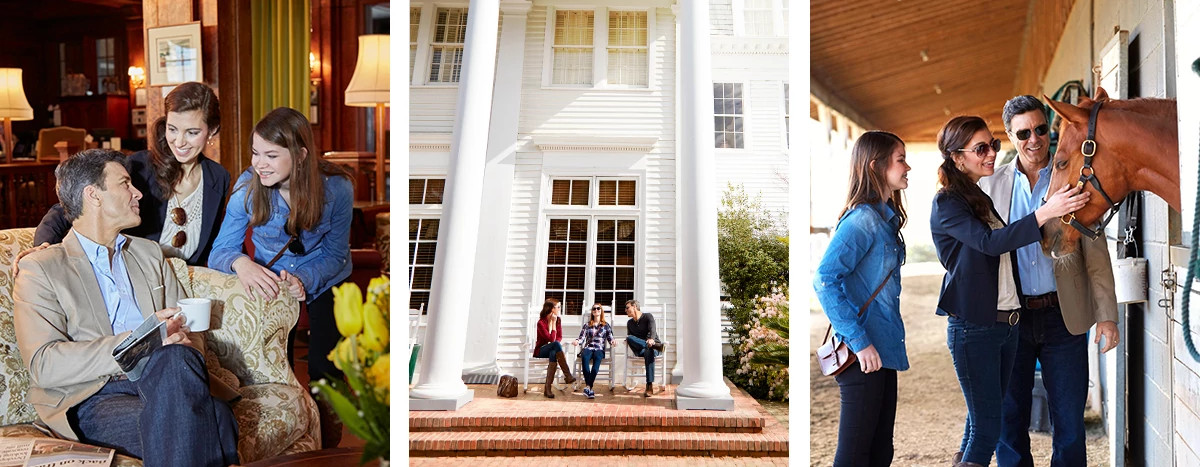 Three images of a family at The Wilcox and at the stables with a horse. 