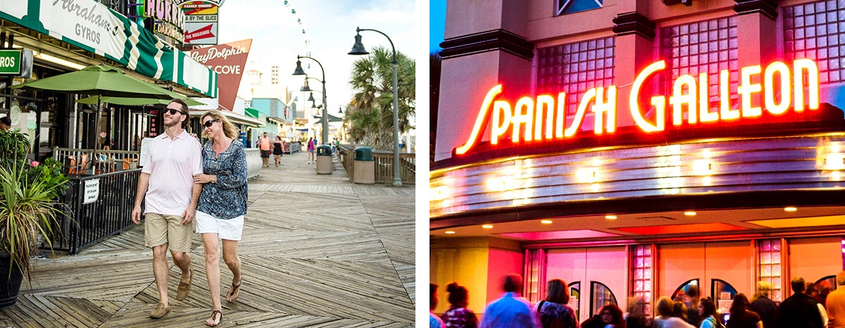 A couple stolls along the boardwalk; the exterior of Spanish Galleon nightclub