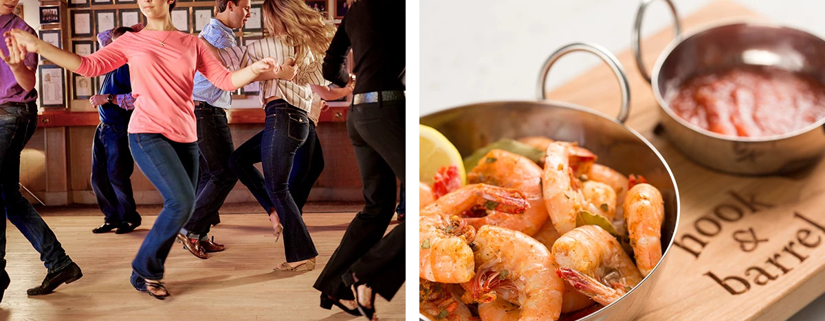 Couples dancing the Shag, a hot bowl of shrimp from Hook & Barrel