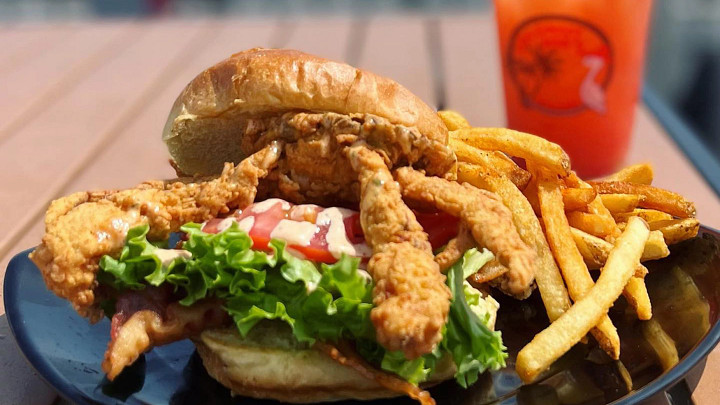 Soft shell crab sandwich, fries and drink